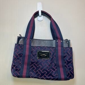 Tommy Hilfiger Women's Monogrammed Tote Bag Purse Navy Blue Maroon
